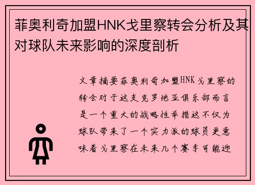菲奥利奇加盟HNK戈里察转会分析及其对球队未来影响的深度剖析