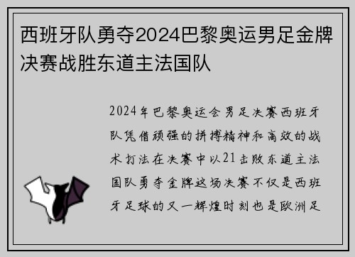 西班牙队勇夺2024巴黎奥运男足金牌决赛战胜东道主法国队