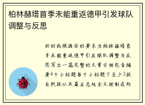 柏林赫塔首季未能重返德甲引发球队调整与反思